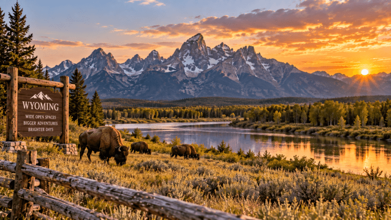 Wyoming landscape with bison grazing beside a calm river as rugged, snow-dusted mountain peaks rise in the distance.