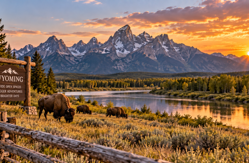 Wyoming landscape with bison grazing beside a calm river as rugged, snow-dusted mountain peaks rise in the distance.
