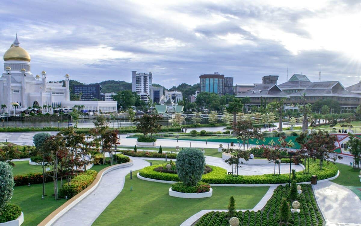 Brunei Travel Guide a large courtyard with a building in the background