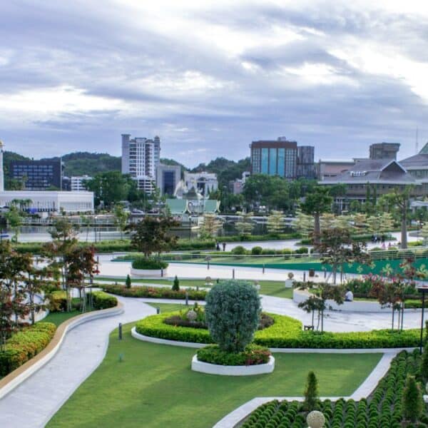 Brunei Travel Guide a large courtyard with a building in the background