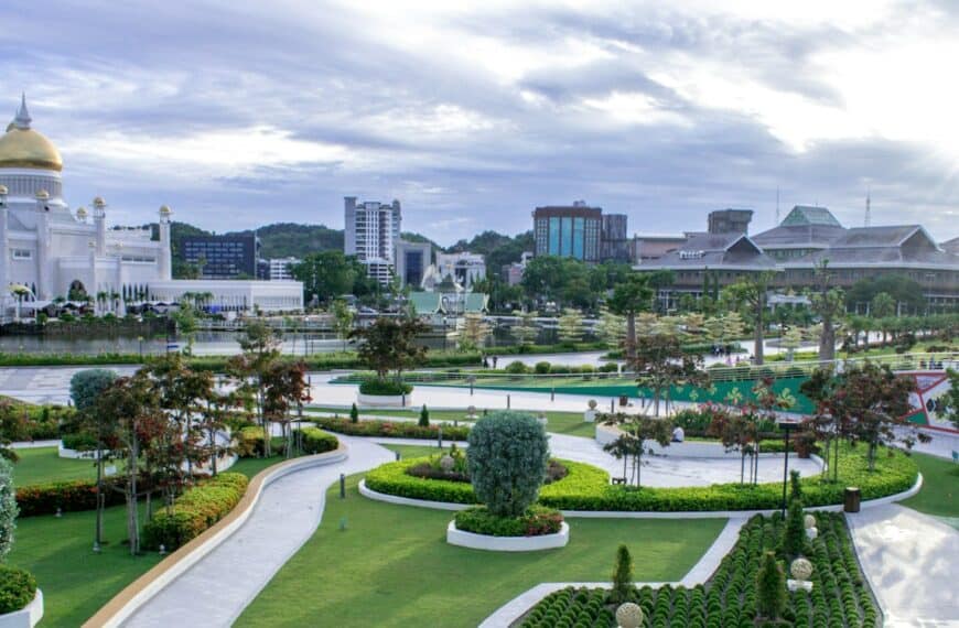Brunei Travel Guide a large courtyard with a building in the background