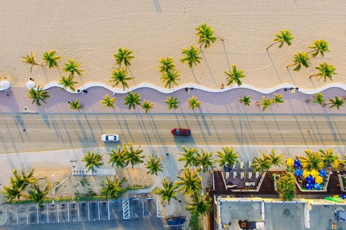 Florida Travel Guide high-angle photography of two red and white vehicles on concrete road between trees and buildings at daytime