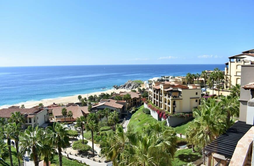 Los Cabos Travel Guide a view of a beach and palm trees from a balcony