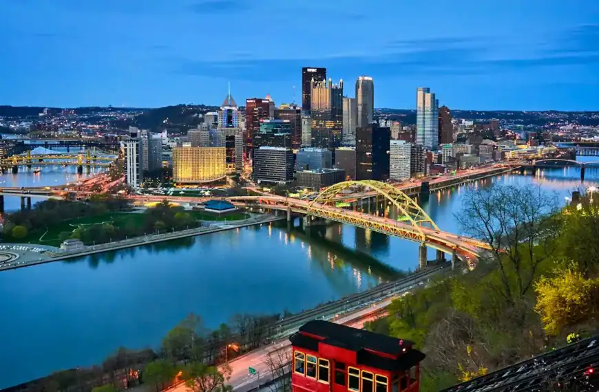 Pennsylvania Travel Guide aerial photo of bridge and buildings under blue sky