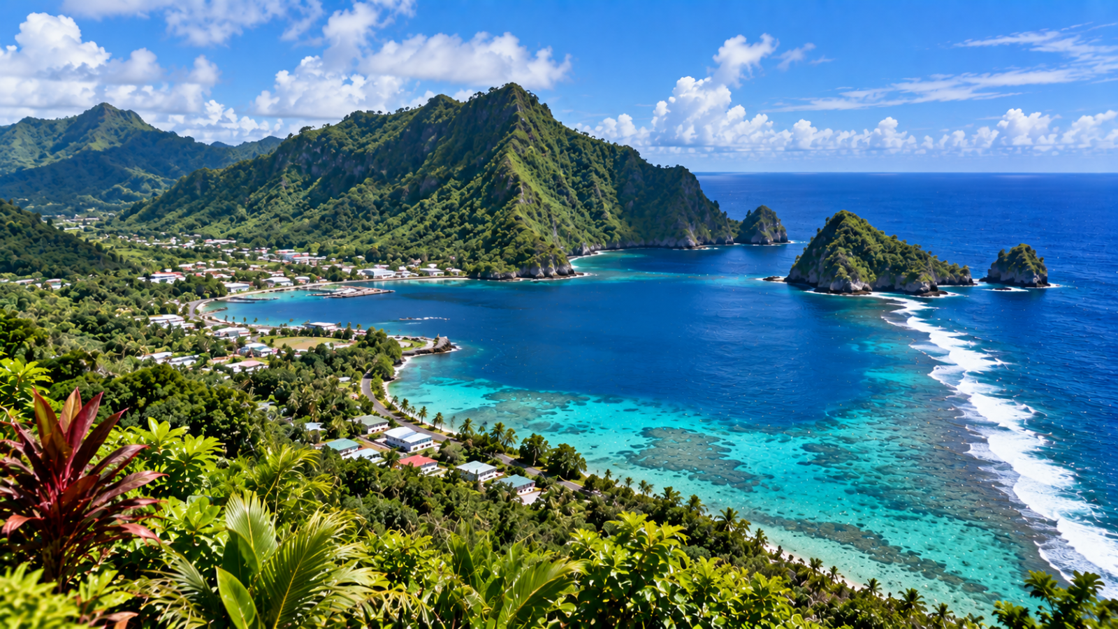 Tropical coastline of American Samoa with rainforest-covered mountains, turquoise reef waters, a coastal village, and Pacific Ocean.