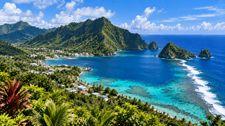 Tropical coastline of American Samoa with rainforest-covered mountains, turquoise reef waters, a coastal village, and Pacific Ocean.
