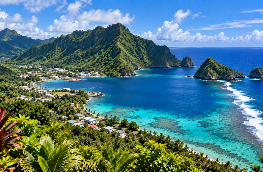 Tropical coastline of American Samoa with rainforest-covered mountains, turquoise reef waters, a coastal village, and Pacific Ocean.