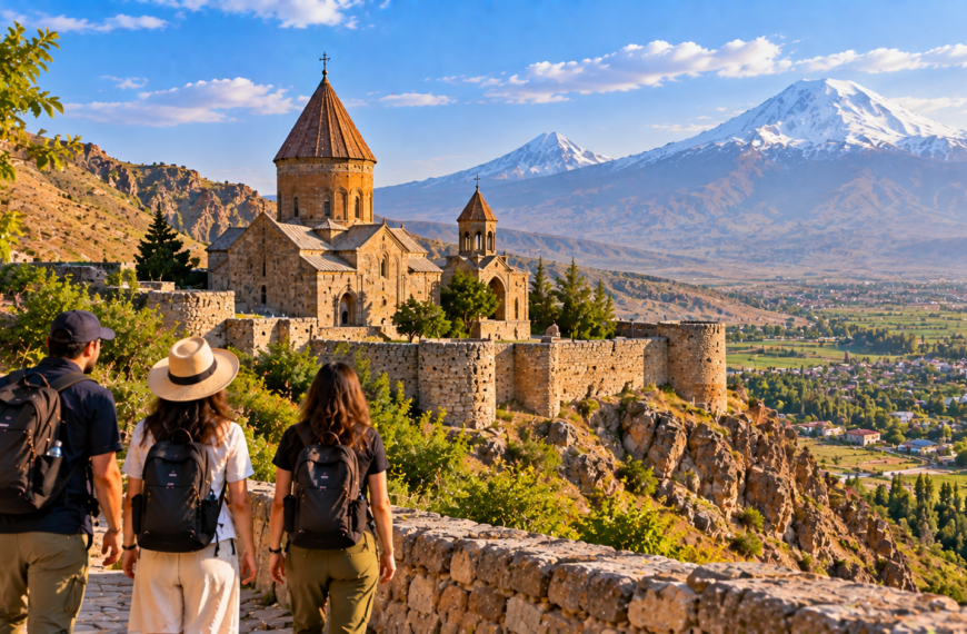 Travelers approaching an ancient Armenian stone monastery surrounded by rugged valleys and dramatic mountain scenery.