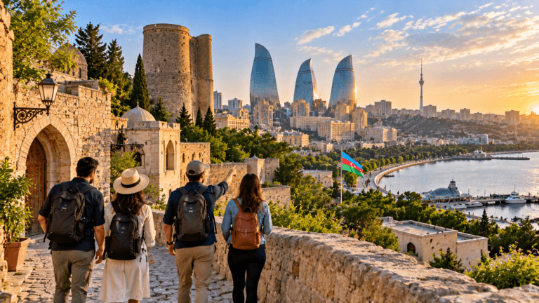 Travelers overlooking Baku’s historic stone Old City, modern Flame Towers and Caspian Sea waterfront in Azerbaijan.