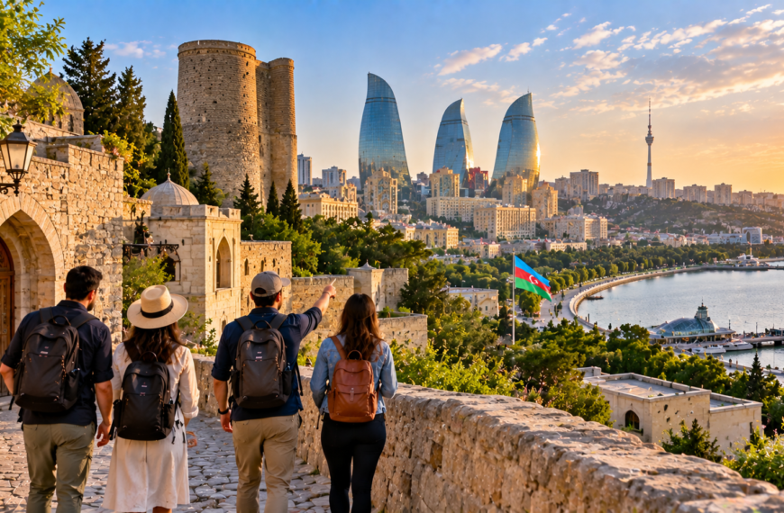 Travelers overlooking Baku’s historic stone Old City, modern Flame Towers and Caspian Sea waterfront in Azerbaijan.