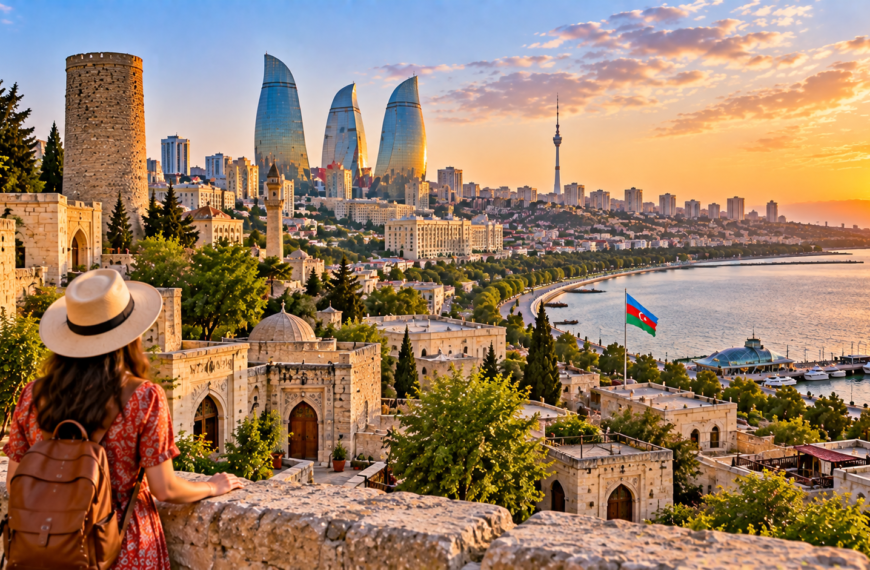 View across Baku’s historic stone Old City toward the Flame Towers and Caspian Sea waterfront at golden hour.