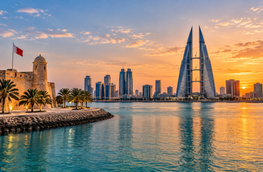 Bahrain waterfront at sunset with palm-lined historic architecture and Manama's modern skyline across the water.
