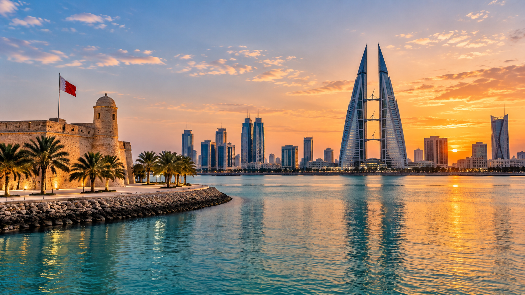 Bahrain waterfront at sunset with palm-lined historic architecture and Manama's modern skyline across the water.
