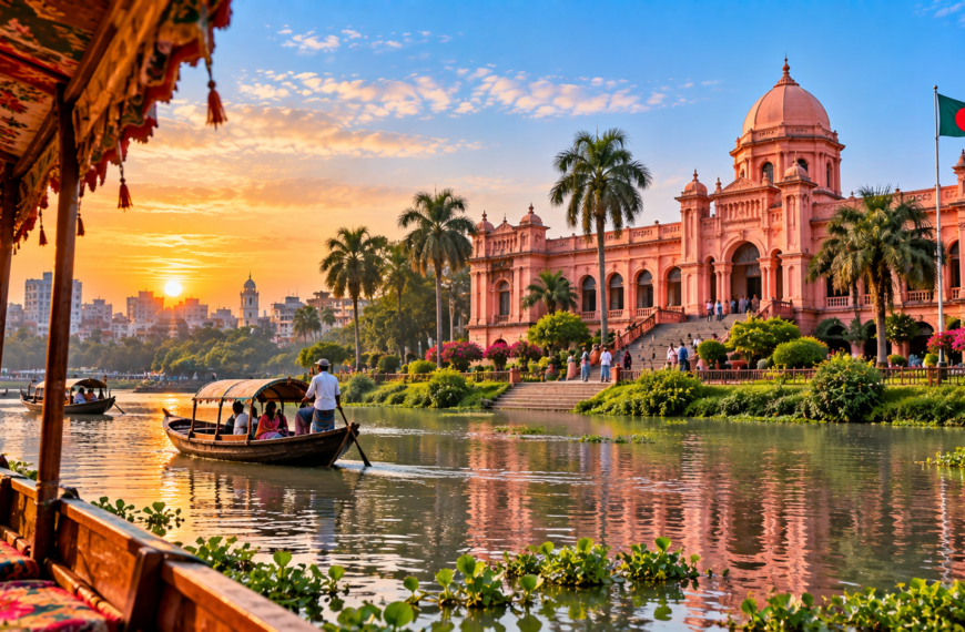 Ahsan Manzil in Dhaka at sunset with traditional boats on the water, palm trees, gardens, and the Bangladesh flag.