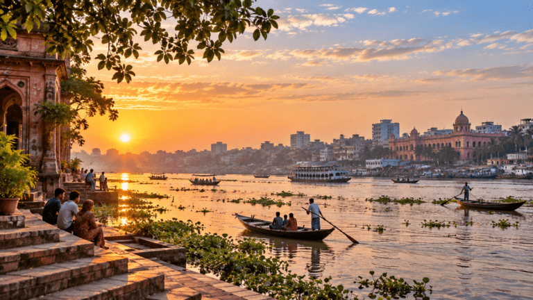 Traditional boats cross a Bangladesh river at sunset as locals gather along the waterfront beneath a warm golden sky.