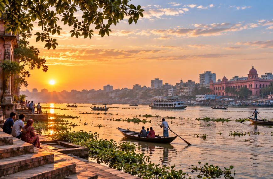 Traditional boats cross a Bangladesh river at sunset as locals gather along the waterfront beneath a warm golden sky.