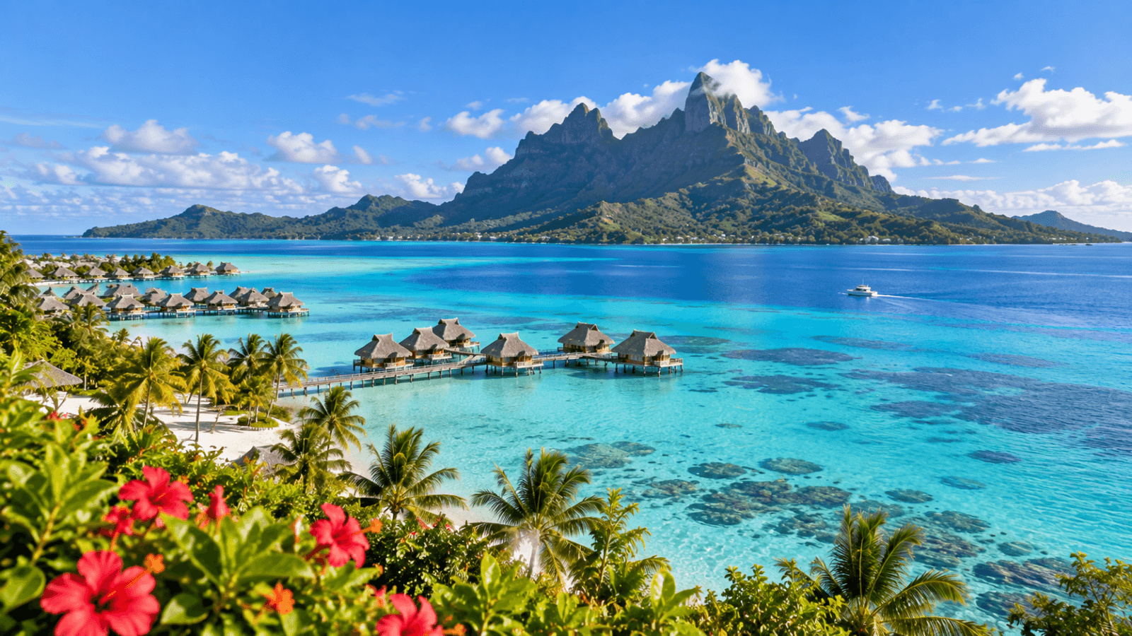 Mount Otemanu rising above Bora Bora's turquoise lagoon, with overwater bungalows, palm trees and coral reefs.
