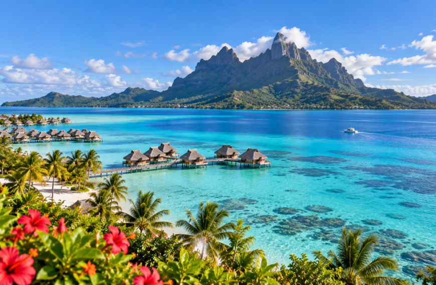 Mount Otemanu rising above Bora Bora's turquoise lagoon, with overwater bungalows, palm trees and coral reefs.