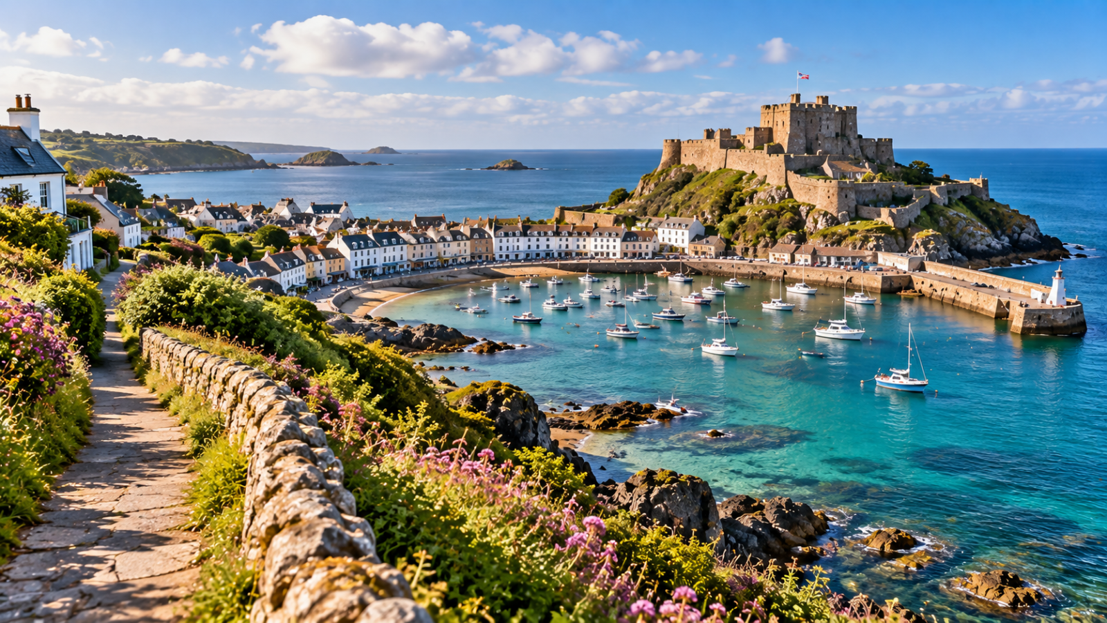 Coastal harbor with sailboats, stone fortifications, seaside homes and flower-lined cliffs in the Channel Islands.