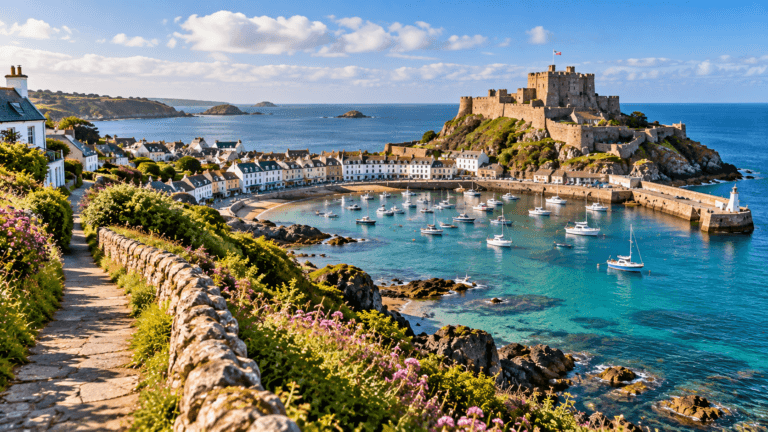 Coastal harbor with sailboats, stone fortifications, seaside homes and flower-lined cliffs in the Channel Islands.