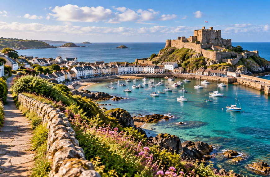 Coastal harbor with sailboats, stone fortifications, seaside homes and flower-lined cliffs in the Channel Islands.