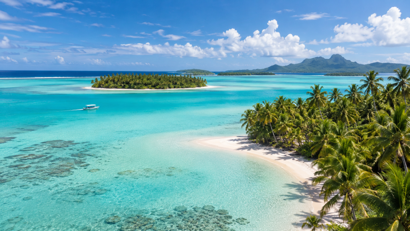 Turquoise lagoon, palm-lined beach, and lush volcanic mountains illustrating the tropical scenery of the Cook Islands.
