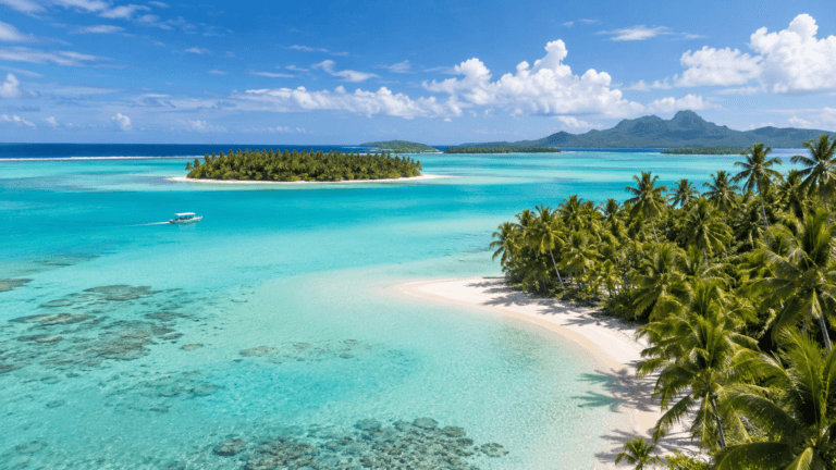 Turquoise lagoon, palm-lined beach, and lush volcanic mountains illustrating the tropical scenery of the Cook Islands.