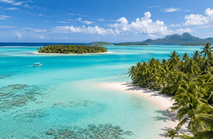 Turquoise lagoon, palm-lined beach, and lush volcanic mountains illustrating the tropical scenery of the Cook Islands.