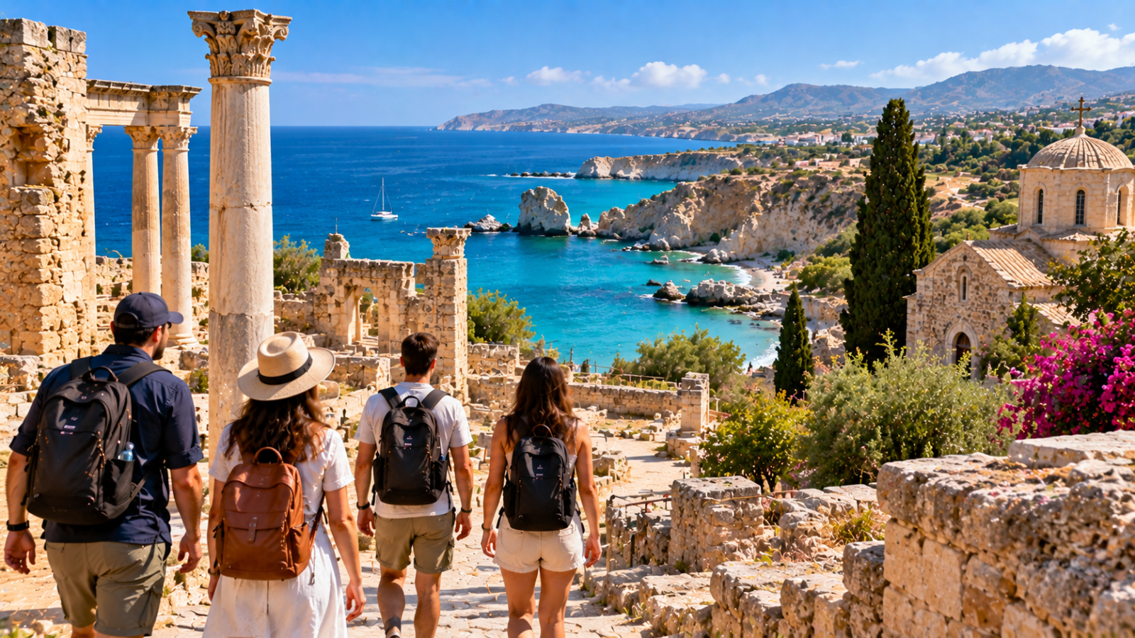 Travelers exploring ancient stone ruins overlooking turquoise Mediterranean water and a rugged coastal landscape in Cyprus.