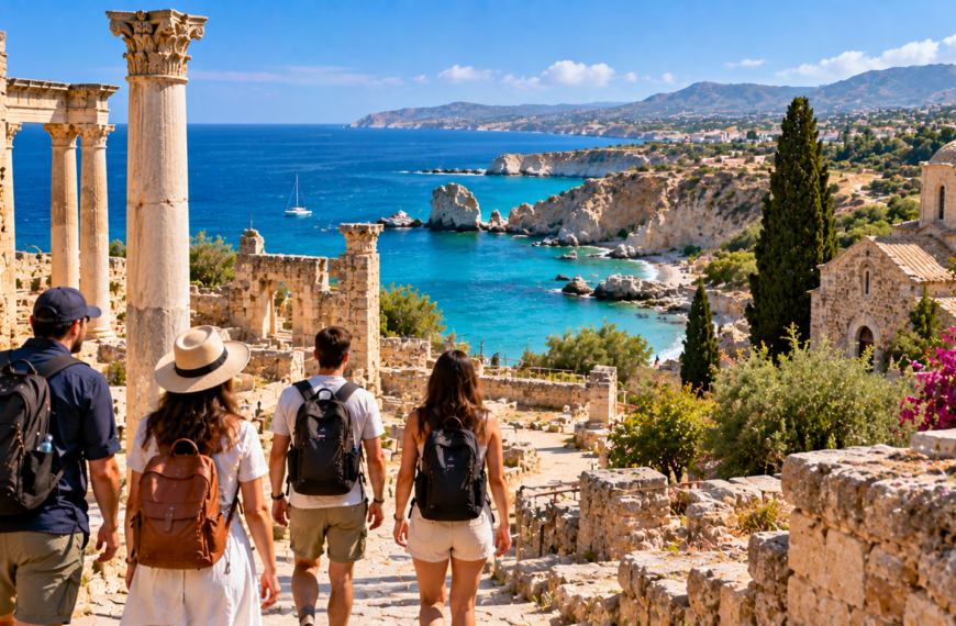 Travelers exploring ancient stone ruins overlooking turquoise Mediterranean water and a rugged coastal landscape in Cyprus.