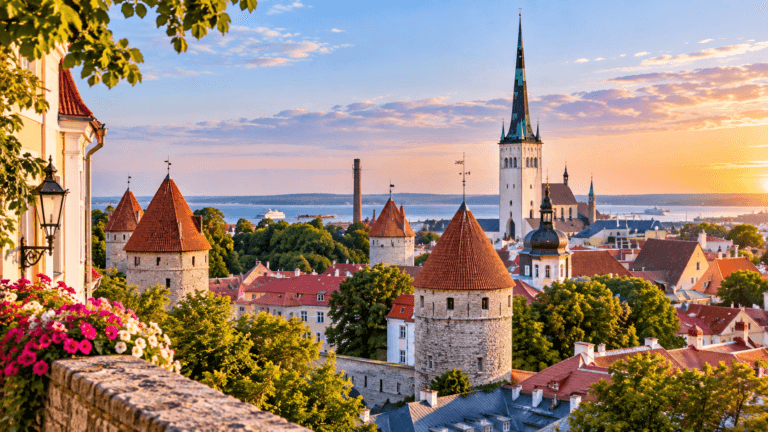 Medieval towers and red rooftops of Tallinn Old Town overlooking the Baltic Sea at sunset in Estonia.