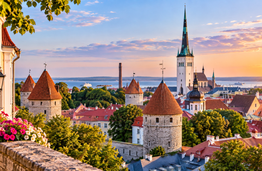 Medieval towers and red rooftops of Tallinn Old Town overlooking the Baltic Sea at sunset in Estonia.