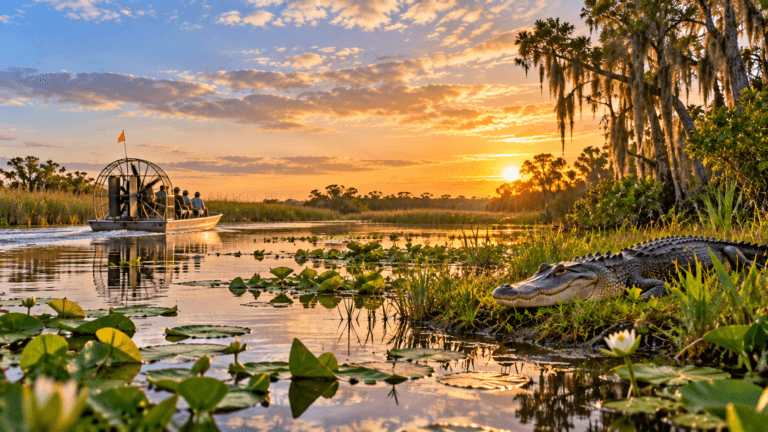 American alligator beside a Florida Everglades wetland as an airboat crosses calm water beneath a colorful evening sky.