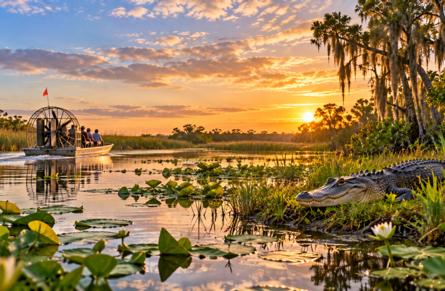 American alligator beside a Florida Everglades wetland as an airboat crosses calm water beneath a colorful evening sky.