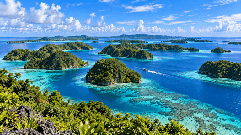 Tropical islands of Micronesia surrounded by turquoise reef waters and deep blue channels beneath a bright Pacific sky.