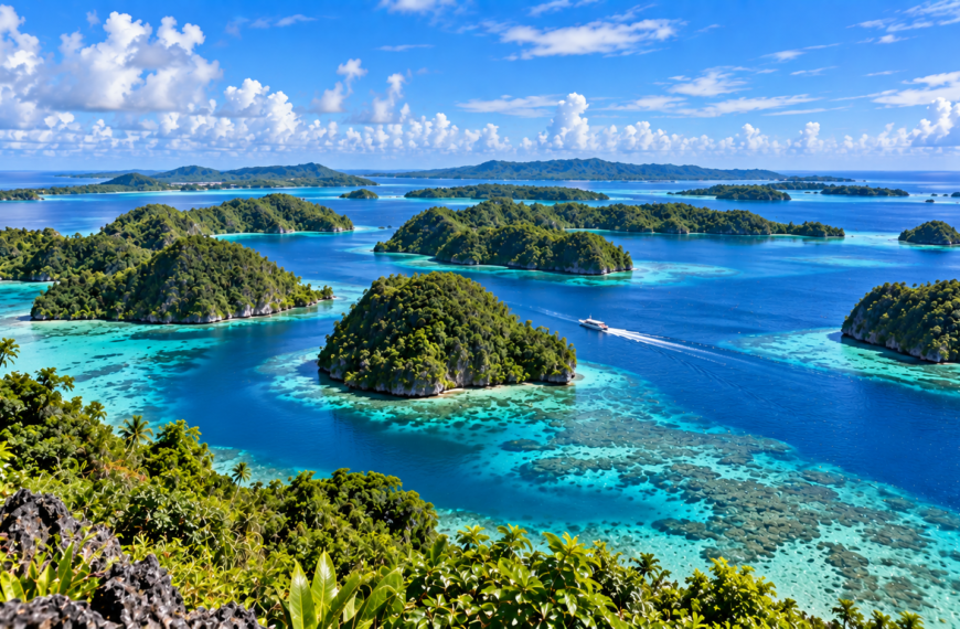 Tropical islands of Micronesia surrounded by turquoise reef waters and deep blue channels beneath a bright Pacific sky.