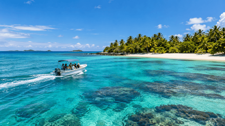Boat tour crossing clear turquoise water toward a palm-lined tropical island and coral reef in Fiji.