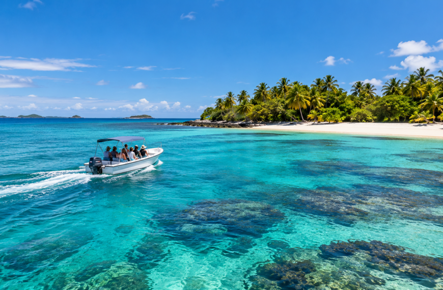 Boat tour crossing clear turquoise water toward a palm-lined tropical island and coral reef in Fiji.