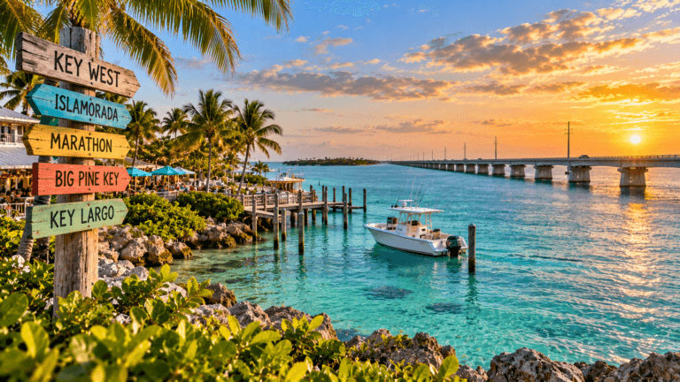 Turquoise water, palms, boats and the Overseas Highway stretching between tropical islands in the Florida Keys at sunset.