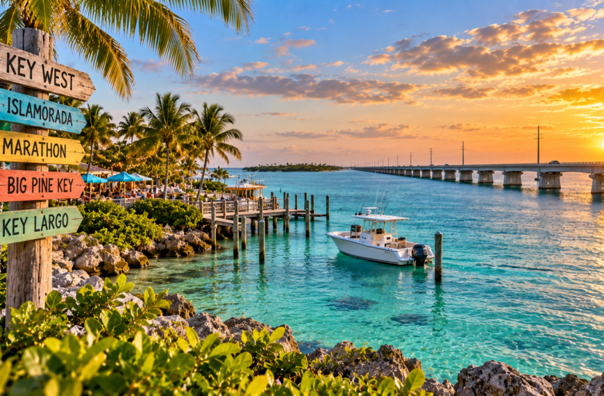 Turquoise water, palms, boats and the Overseas Highway stretching between tropical islands in the Florida Keys at sunset.