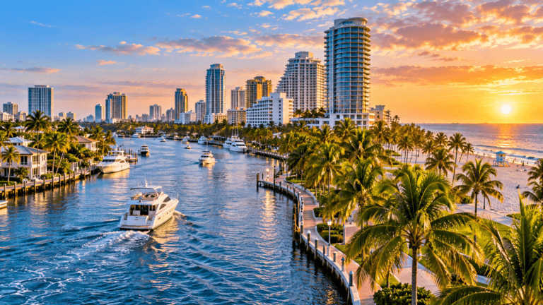 Fort Lauderdale waterfront with yachts cruising scenic canals beside palm trees, high-rise hotels and the Atlantic beach.