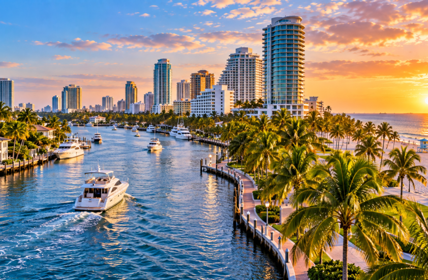 Fort Lauderdale waterfront with yachts cruising scenic canals beside palm trees, high-rise hotels and the Atlantic beach.