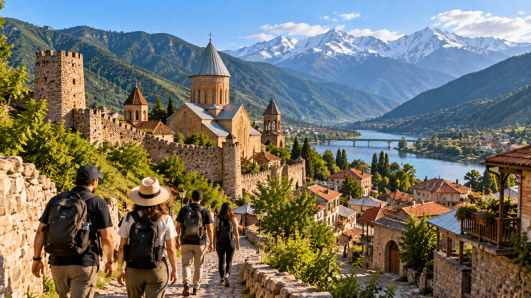 Travelers walking through a historic Georgian town with stone churches, green valleys and the Caucasus Mountains beyond.