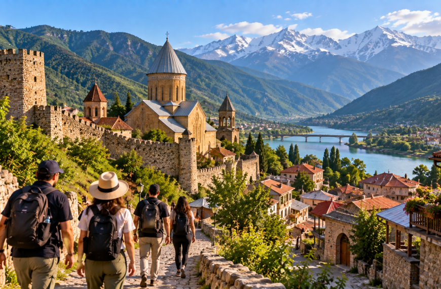 Travelers walking through a historic Georgian town with stone churches, green valleys and the Caucasus Mountains beyond.