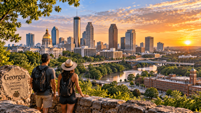 Travelers overlooking Atlanta, Georgia, with the downtown skyline, green city landscape and landmarks glowing at sunset.