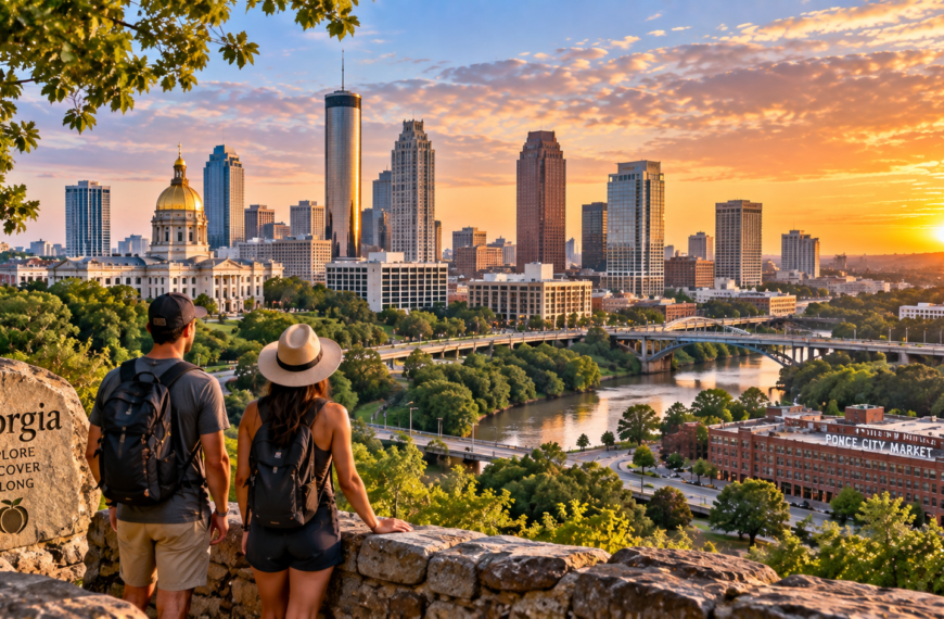 Travelers overlooking Atlanta, Georgia, with the downtown skyline, green city landscape and landmarks glowing at sunset.