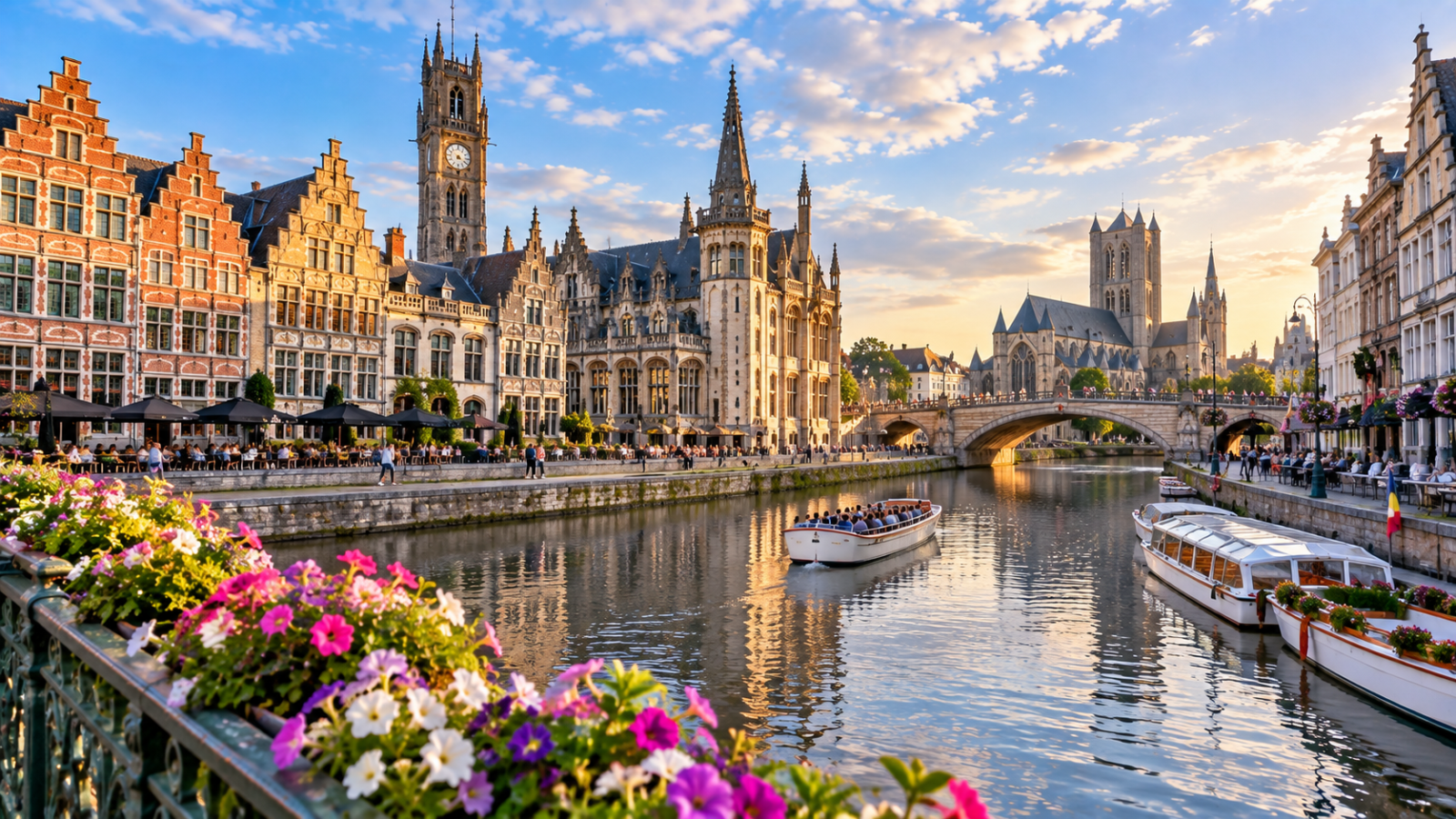 Historic Ghent waterfront with medieval architecture, canal boats, stone bridges and Gothic towers glowing in evening light.