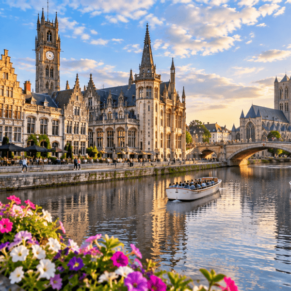 Historic Ghent waterfront with medieval architecture, canal boats, stone bridges and Gothic towers glowing in evening light.