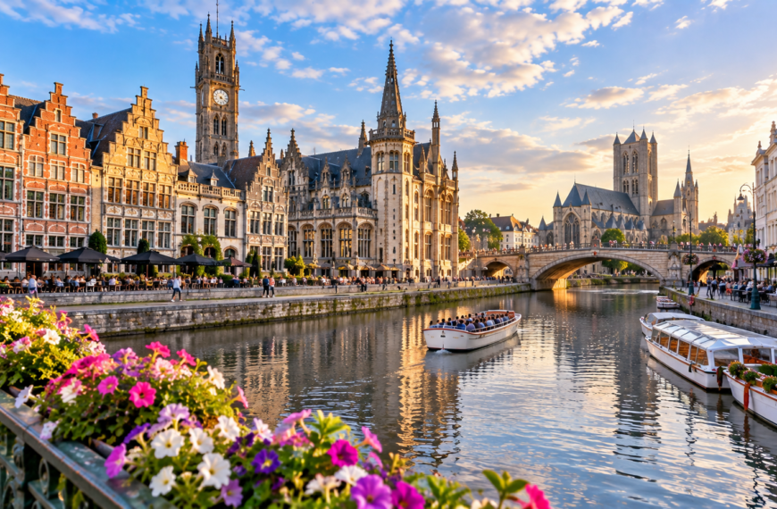 Historic Ghent waterfront with medieval architecture, canal boats, stone bridges and Gothic towers glowing in evening light.