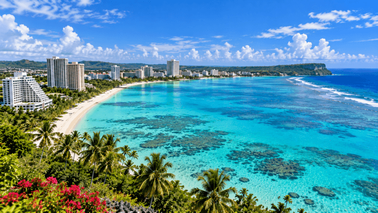 Panoramic view of Guam's tropical coastline with turquoise reef waters, a white-sand beach, hotels, and lush green hills.